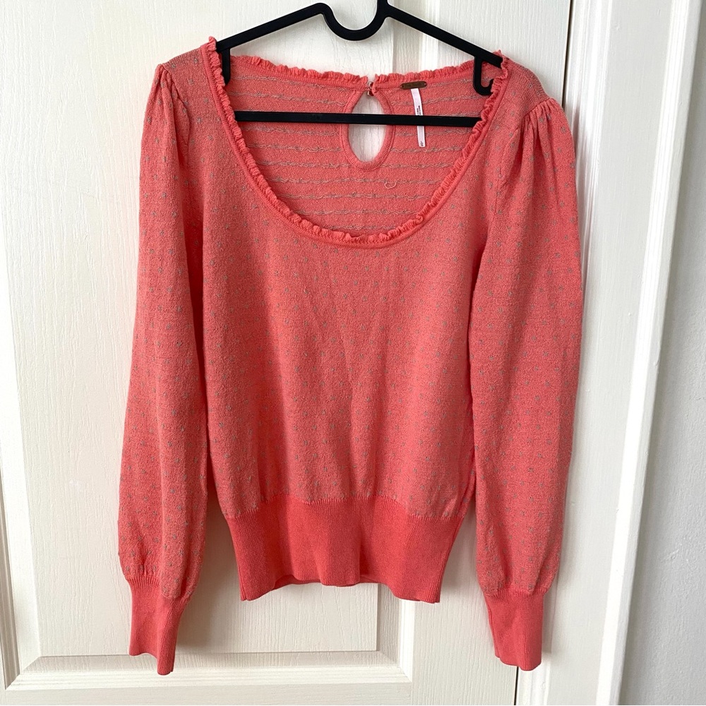 Free People Lana Coral Orange Wool Blend Polka Dots Scoop Neck Sweater Size S